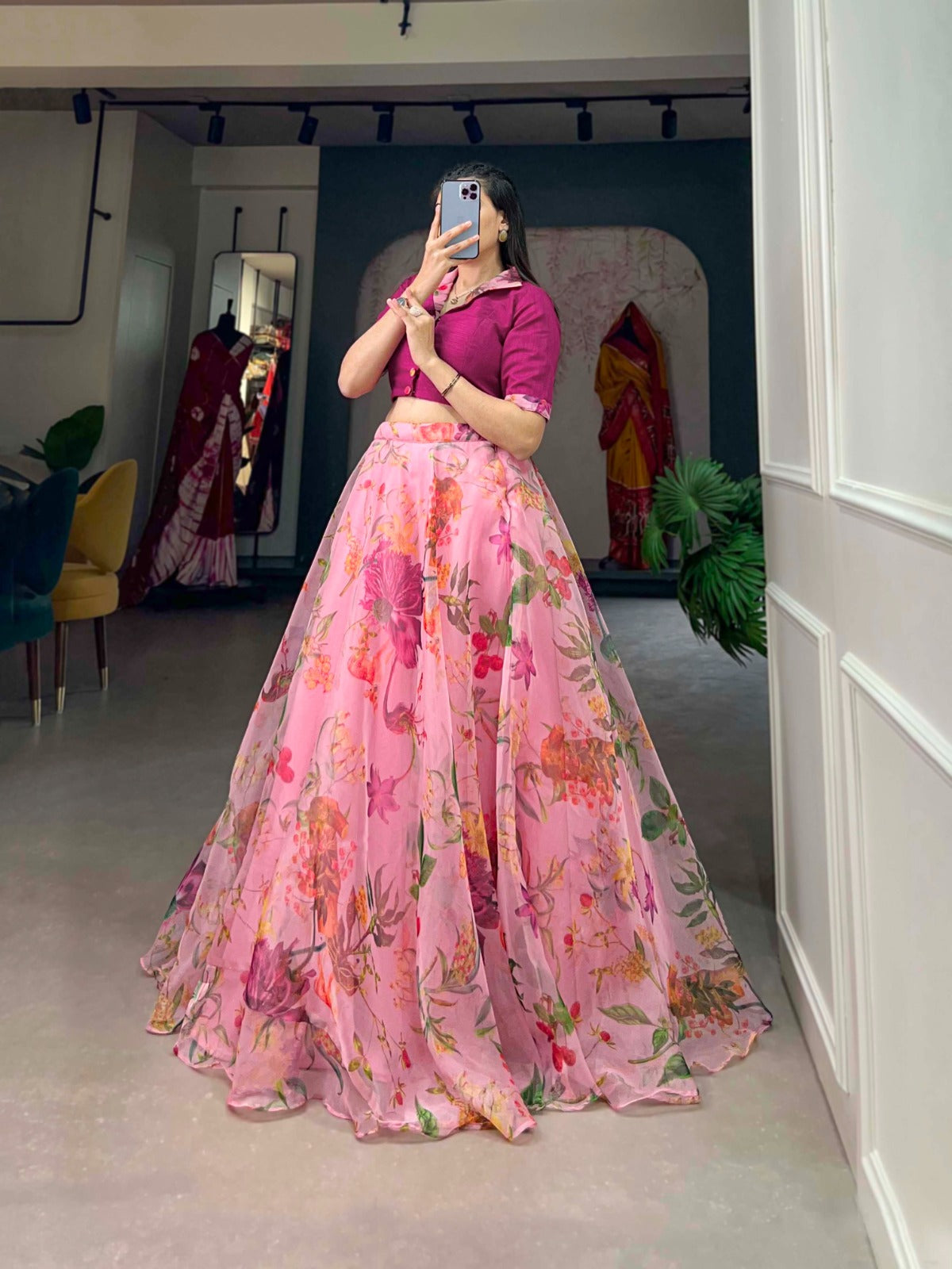 Stunning Organza Floral Digital Printed Lehenga With Blouse - INDIAN ELEGANCE