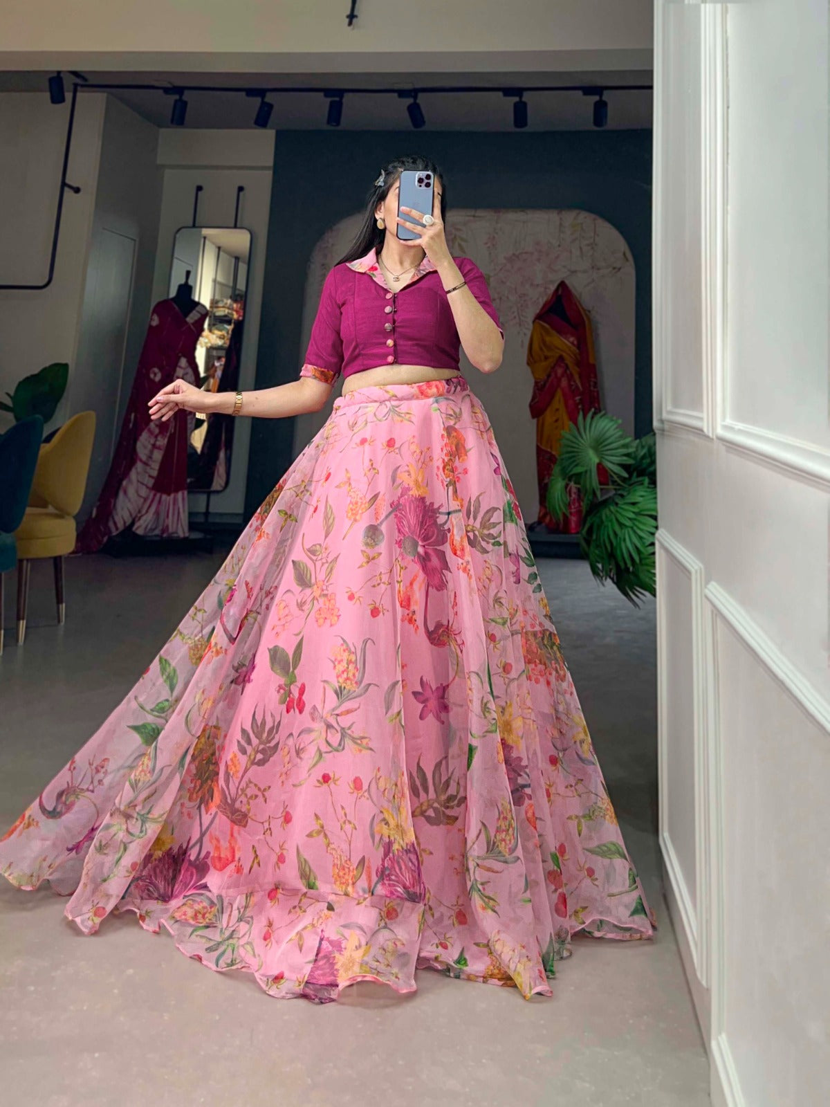 Stunning Organza Floral Digital Printed Lehenga With Blouse - INDIAN ELEGANCE