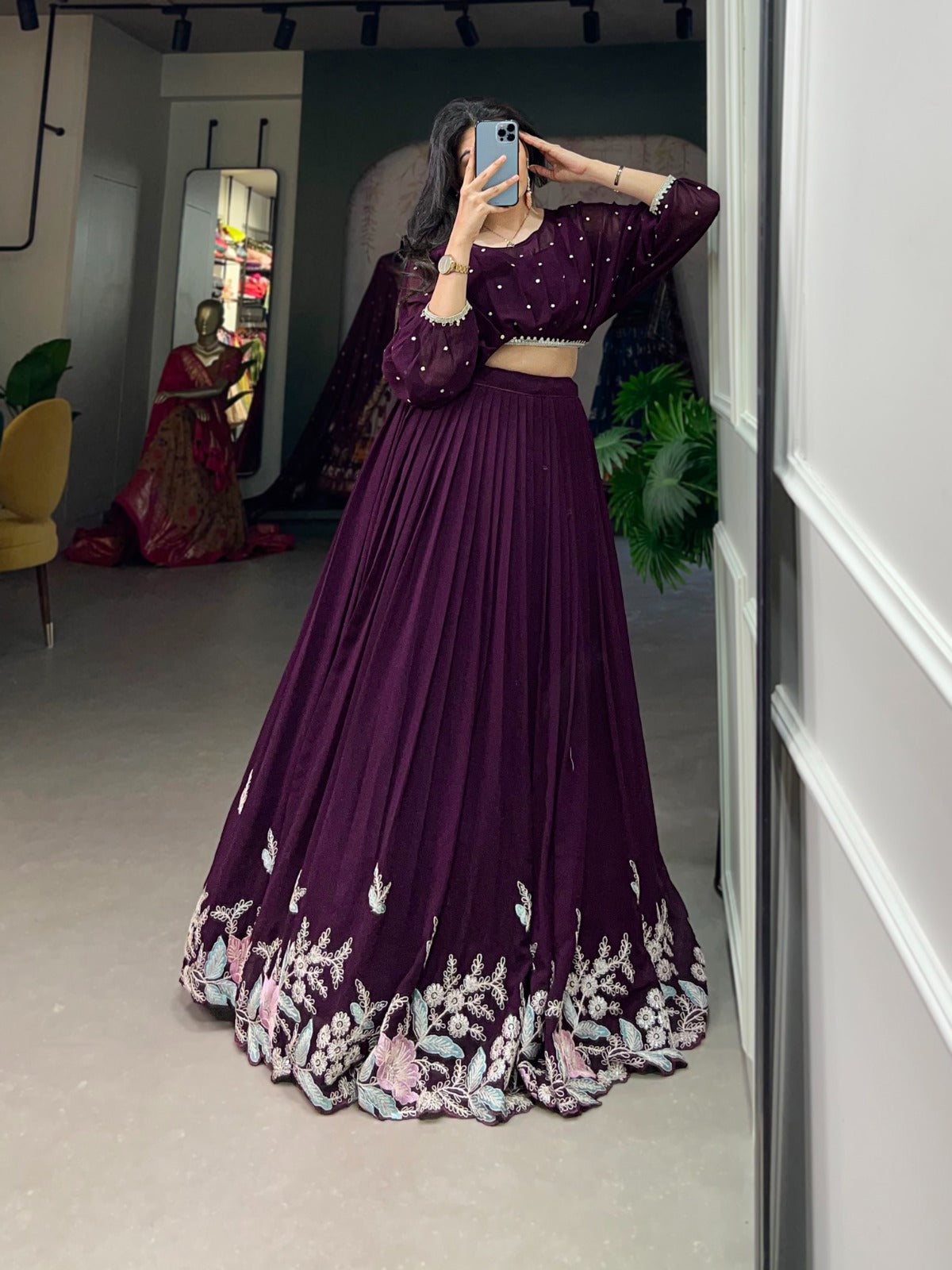 Elegant Georgette Sequins Butti Lace Border Worked Top Lehenga Set - INDIAN ELEGANCE