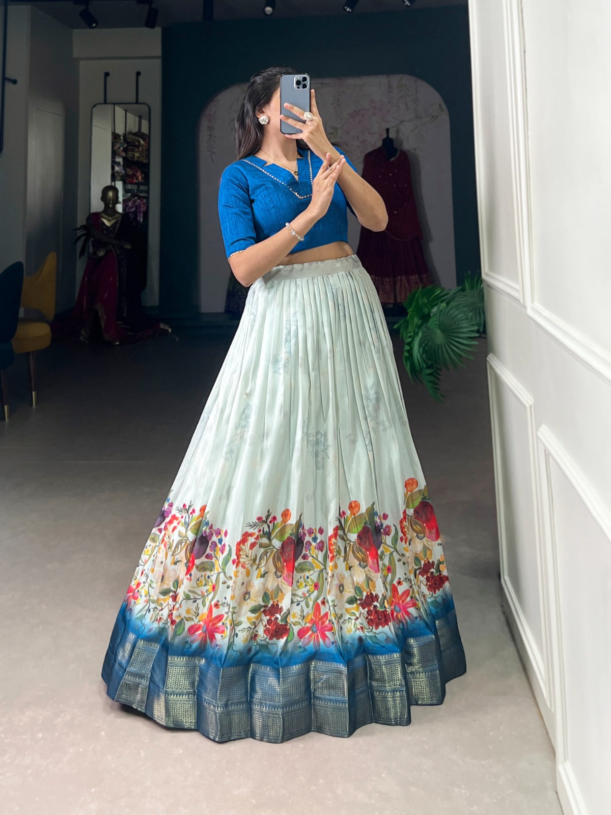 Dashing Cotton Silk Floral Printed Zari Border Worked Lehenga Choli - INDIAN ELEGANCE