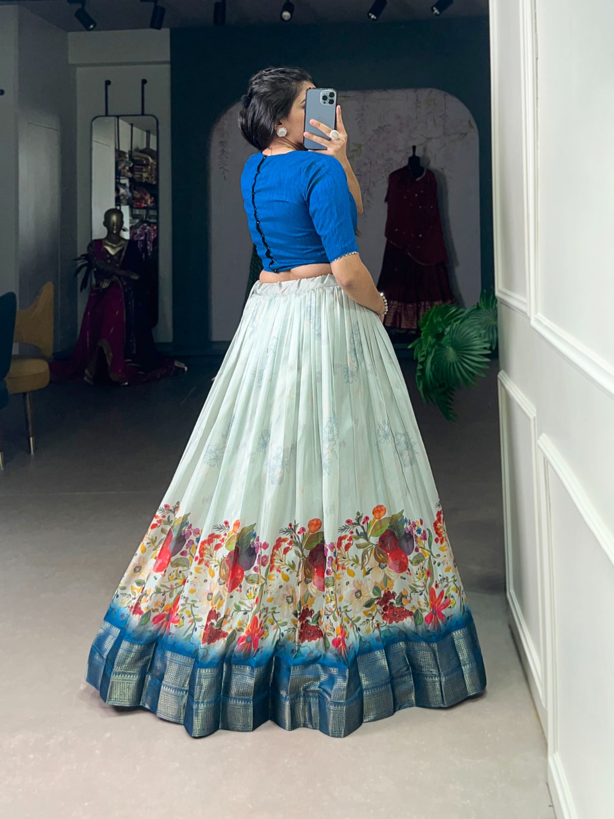 Dashing Cotton Silk Floral Printed Zari Border Worked Lehenga Choli - INDIAN ELEGANCE