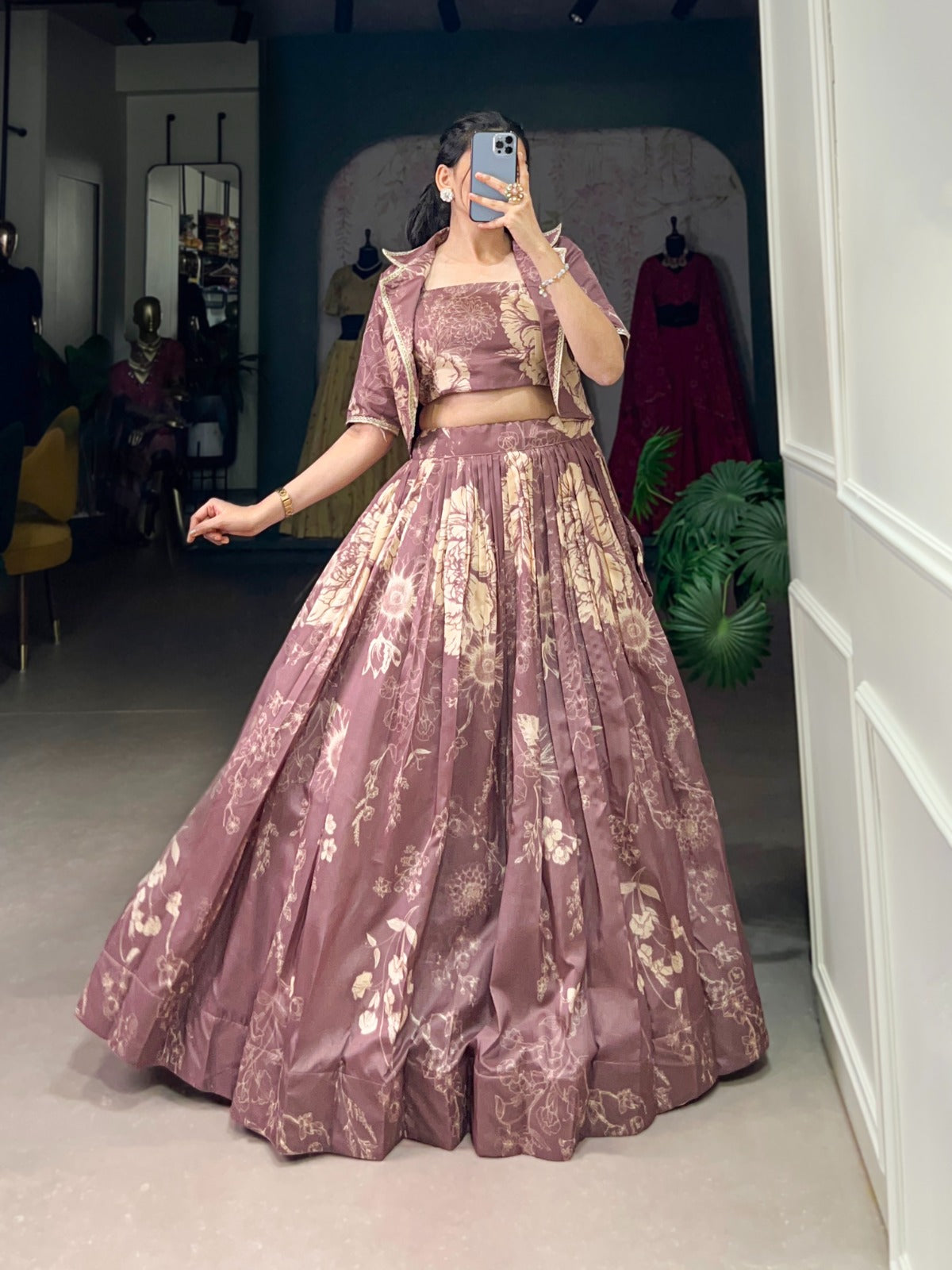 Exquisite Tussar Silk Floral Printed Lehenga Choli  Koti Set - INDIAN ELEGANCE