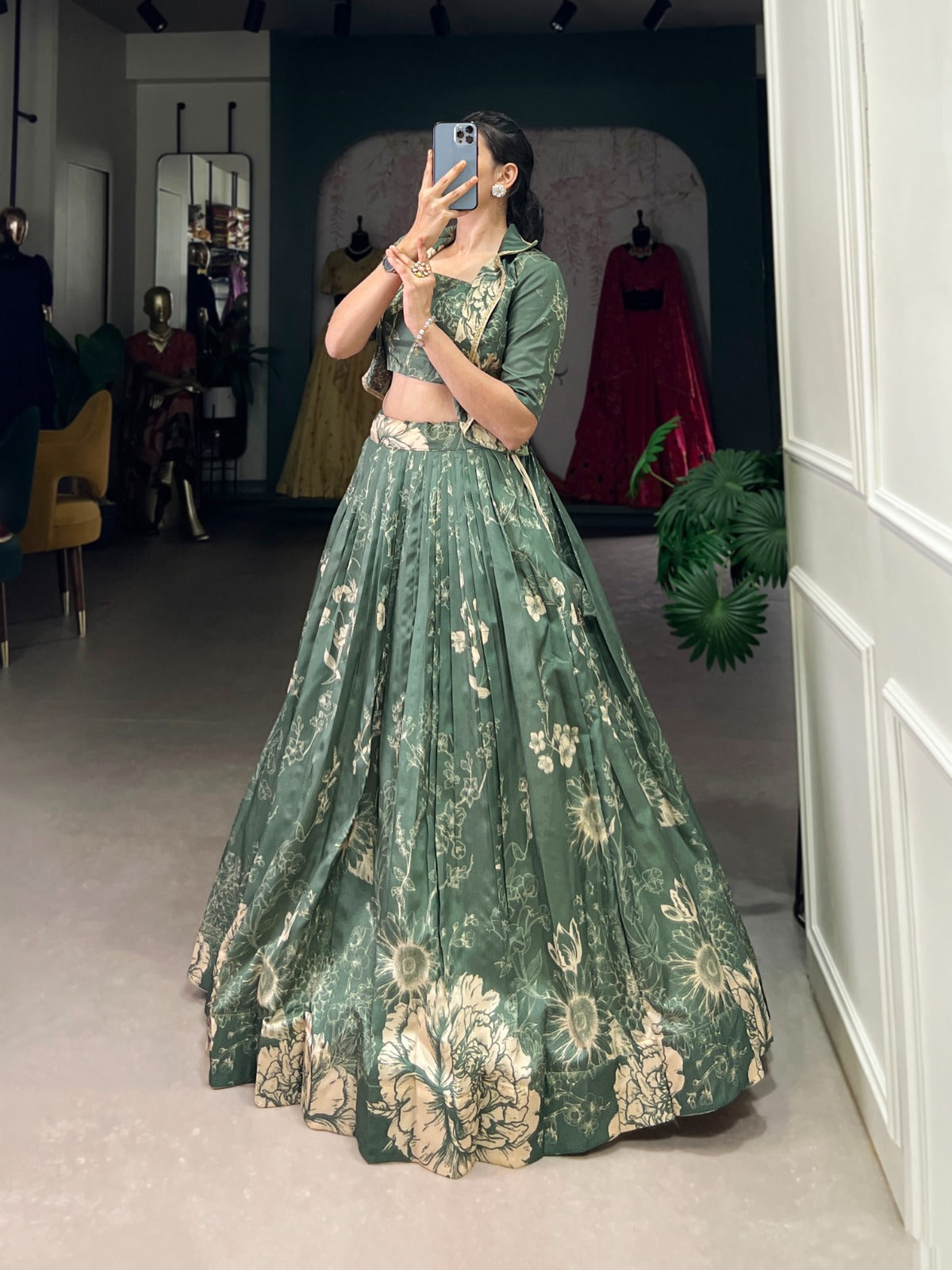 Exquisite Tussar Silk Floral Printed Lehenga Choli  Koti Set - INDIAN ELEGANCE