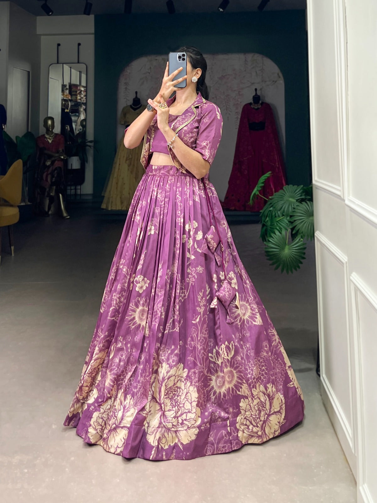 Exquisite Tussar Silk Floral Printed Lehenga Choli  Koti Set - INDIAN ELEGANCE
