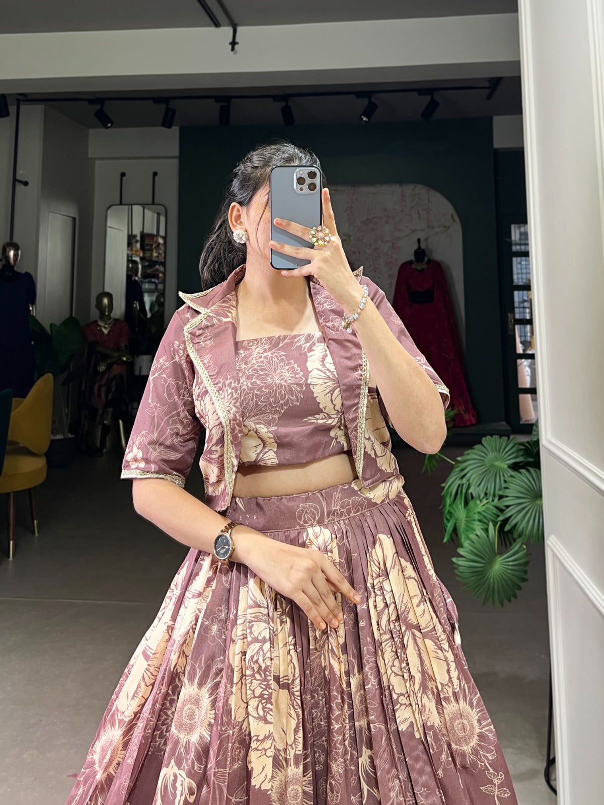 Exquisite Tussar Silk Floral Printed Lehenga Choli  Koti Set - INDIAN ELEGANCE