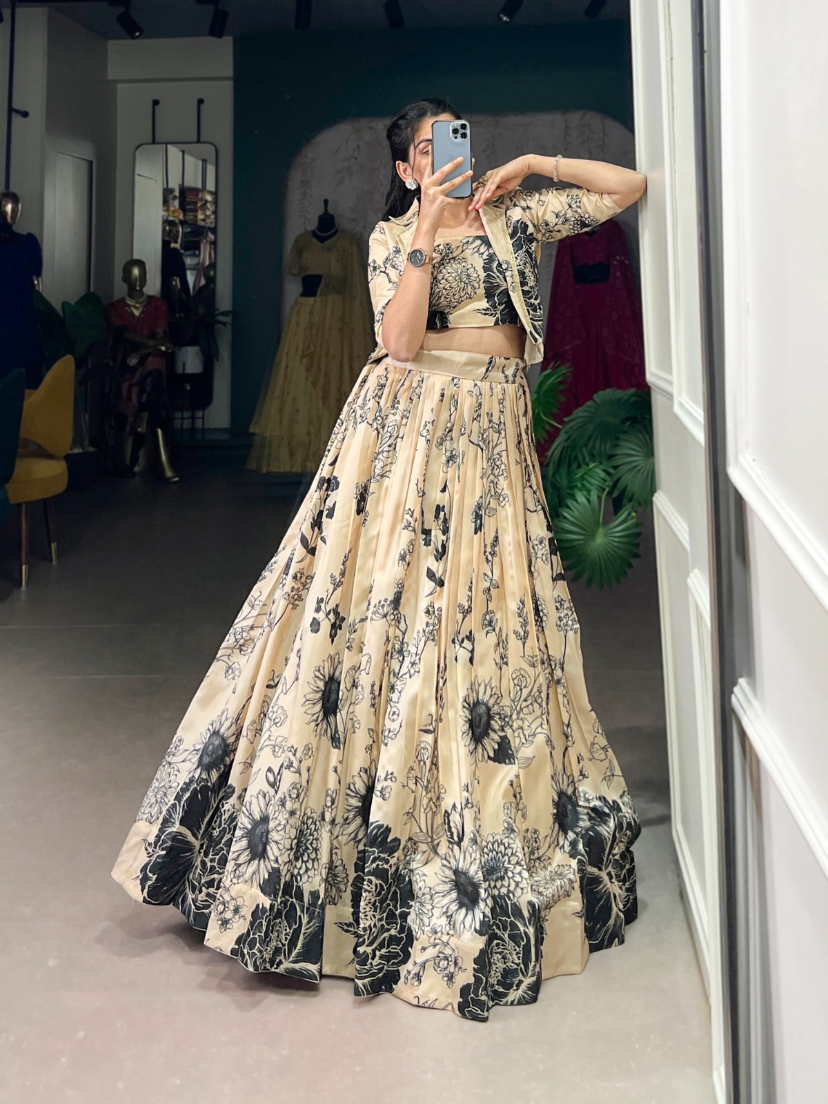 Exquisite Tussar Silk Floral Printed Lehenga Choli  Koti Set - INDIAN ELEGANCE