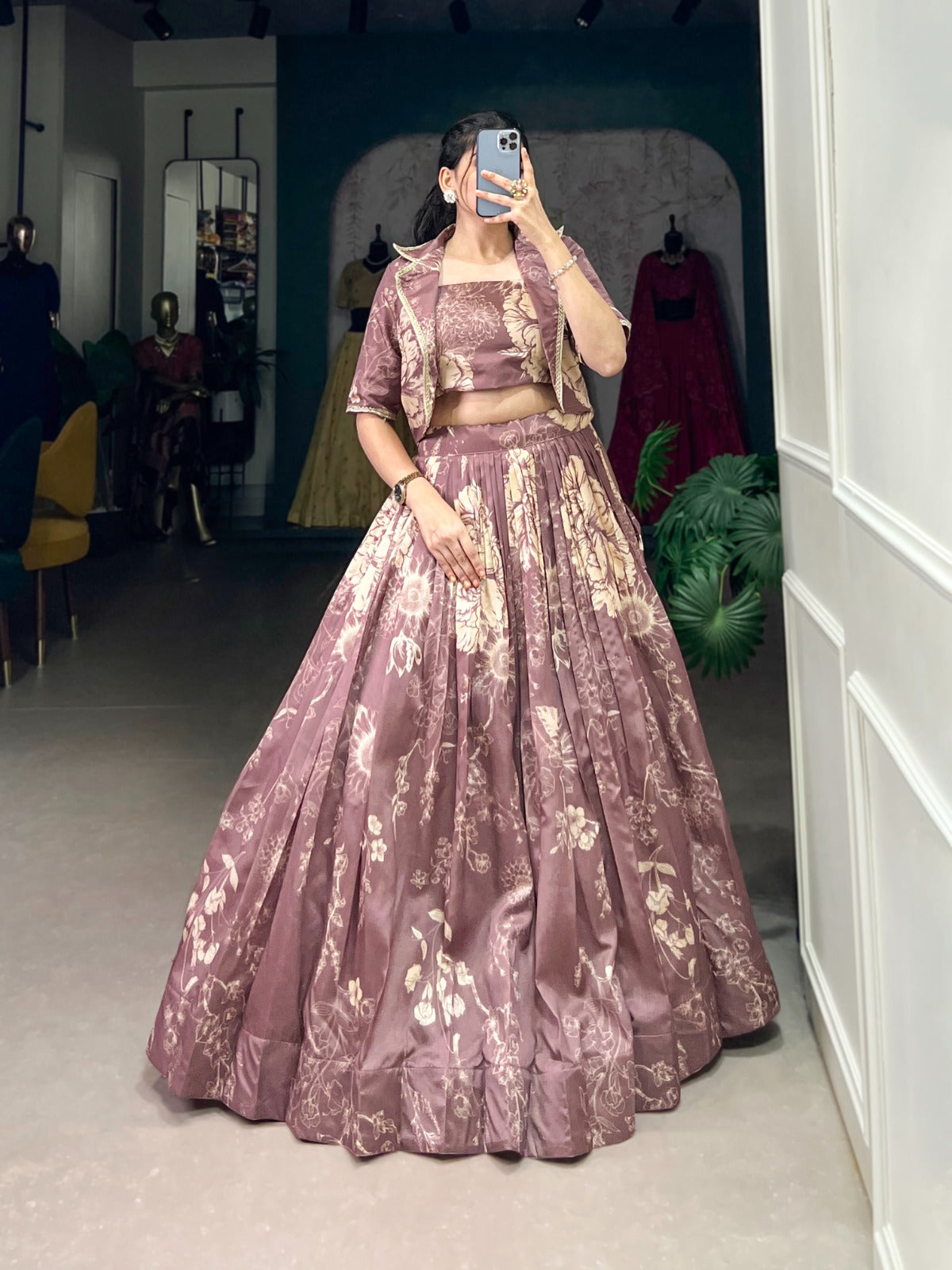 Exquisite Tussar Silk Floral Printed Lehenga Choli  Koti Set - INDIAN ELEGANCE