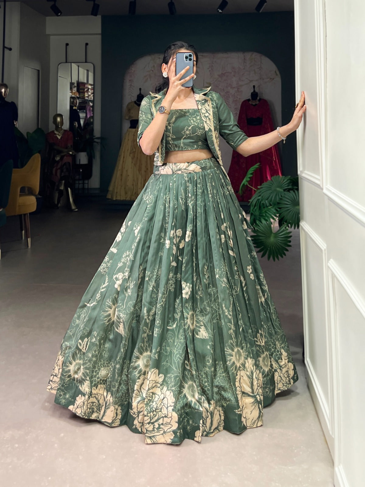 Exquisite Tussar Silk Floral Printed Lehenga Choli  Koti Set - INDIAN ELEGANCE