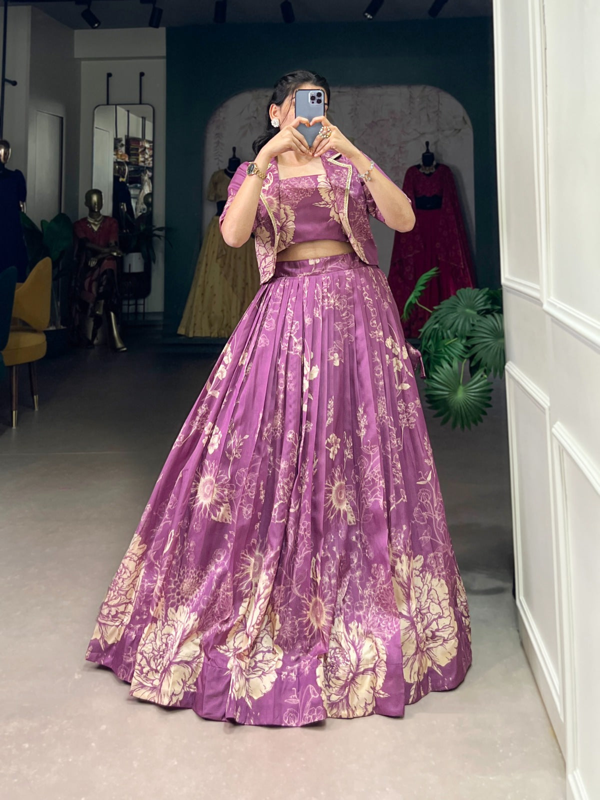 Exquisite Tussar Silk Floral Printed Lehenga Choli  Koti Set - INDIAN ELEGANCE