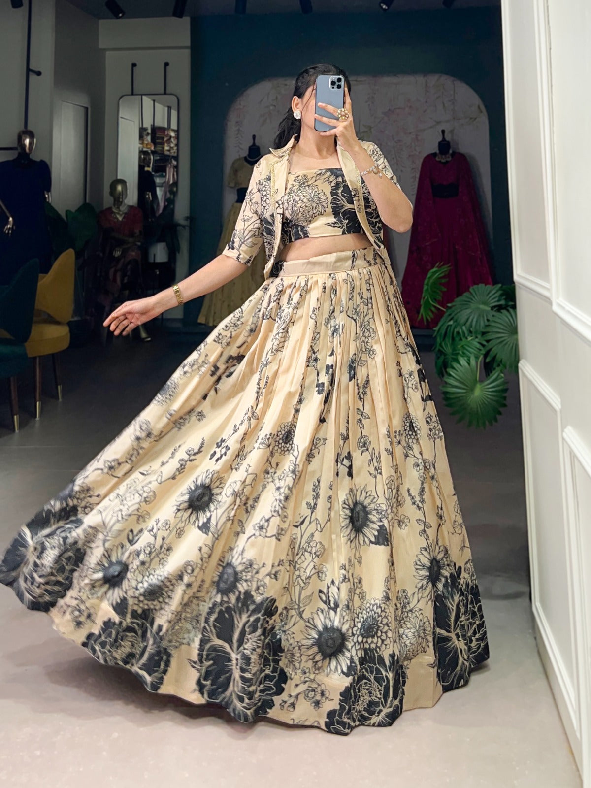 Exquisite Tussar Silk Floral Printed Lehenga Choli  Koti Set - INDIAN ELEGANCE