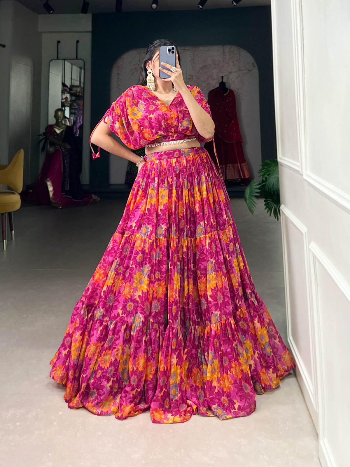 Alluring Pink Soft Chiffon Floral Printed Lehenga With Blouse Set - INDIAN ELEGANCE