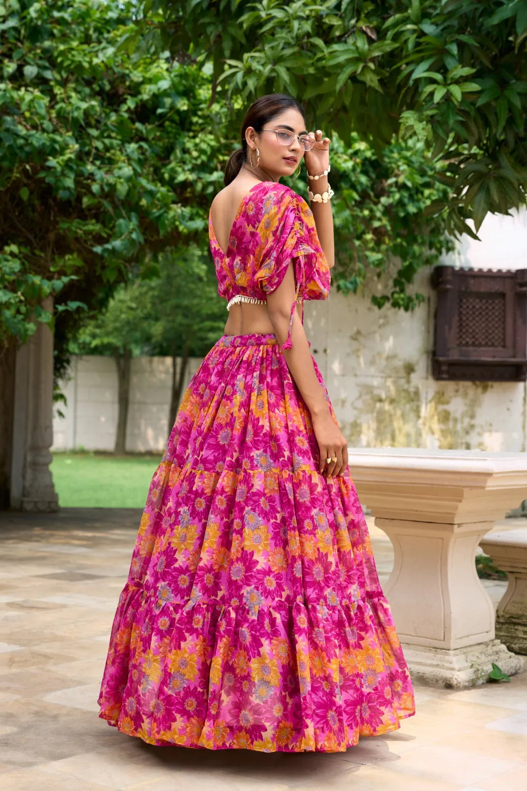 Alluring Pink Soft Chiffon Floral Printed Lehenga With Blouse Set - INDIAN ELEGANCE