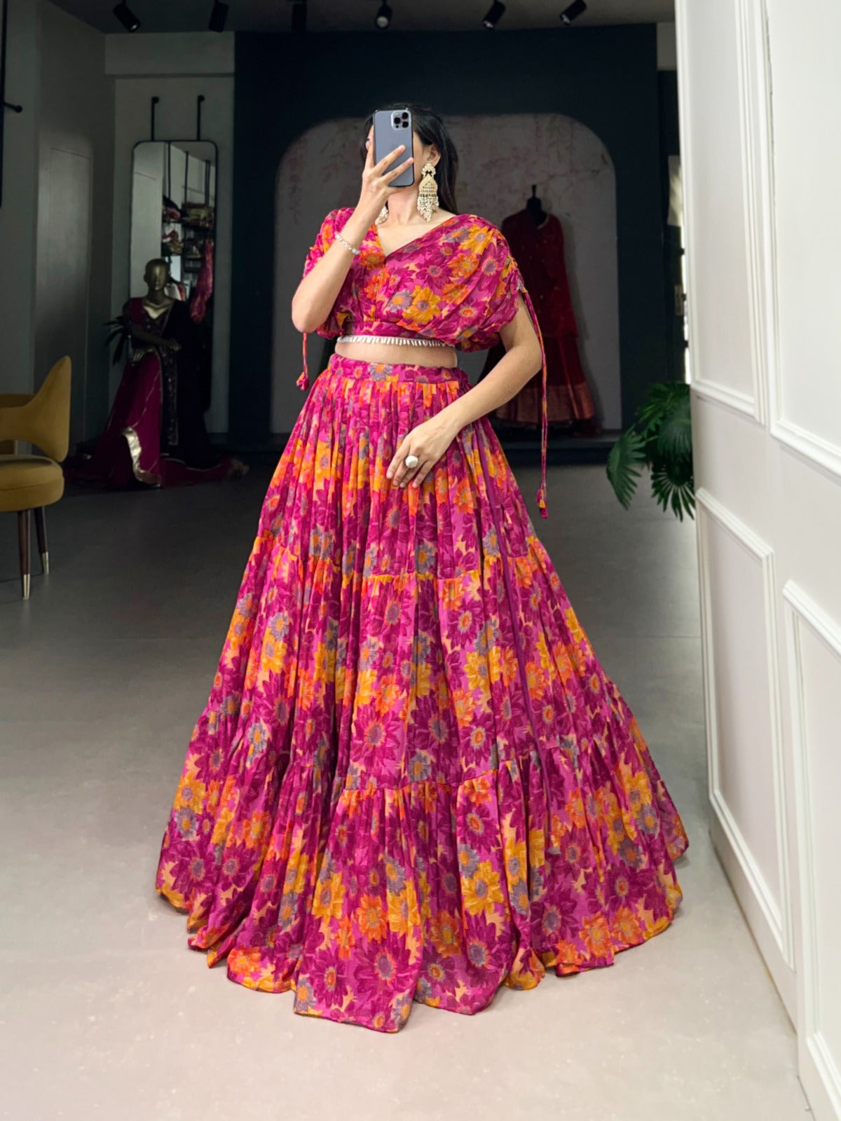 Alluring Pink Soft Chiffon Floral Printed Lehenga With Blouse Set - INDIAN ELEGANCE