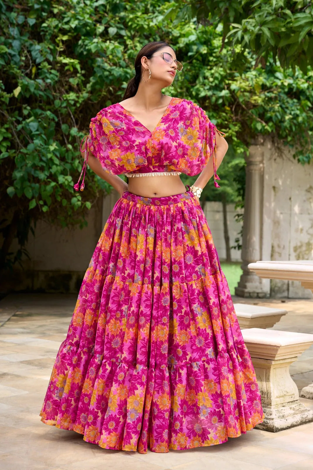 Alluring Pink Soft Chiffon Floral Printed Lehenga With Blouse Set - INDIAN ELEGANCE