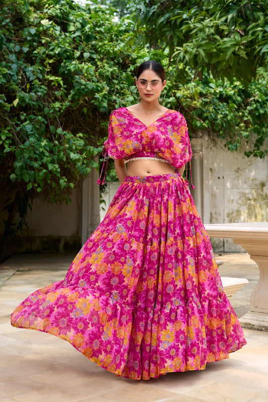 Alluring Pink Soft Chiffon Floral Printed Lehenga With Blouse Set - INDIAN ELEGANCE