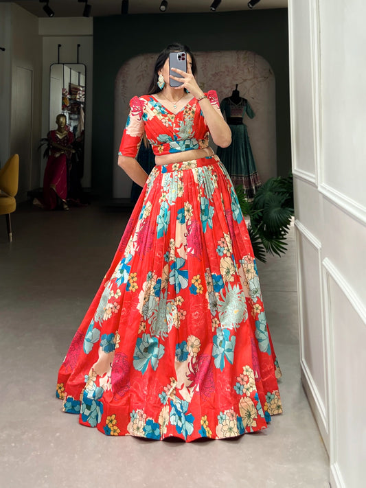Ravishing Red Floral Printed Tussar Silk Lehenga Choli Set - INDIAN ELEGANCE