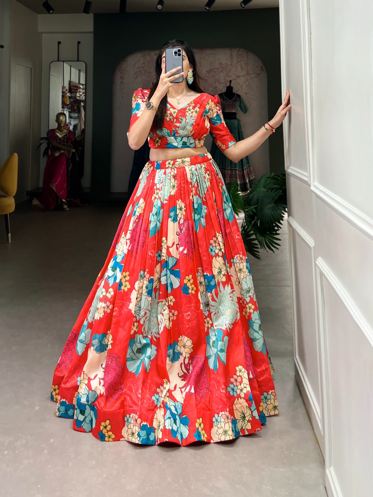 Ravishing Red Floral Printed Tussar Silk Lehenga Choli Set - INDIAN ELEGANCE
