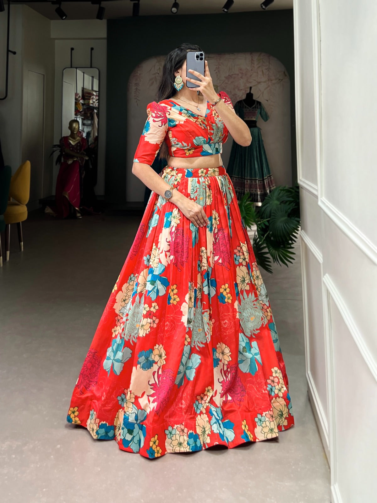 Ravishing Red Floral Printed Tussar Silk Lehenga Choli Set - INDIAN ELEGANCE