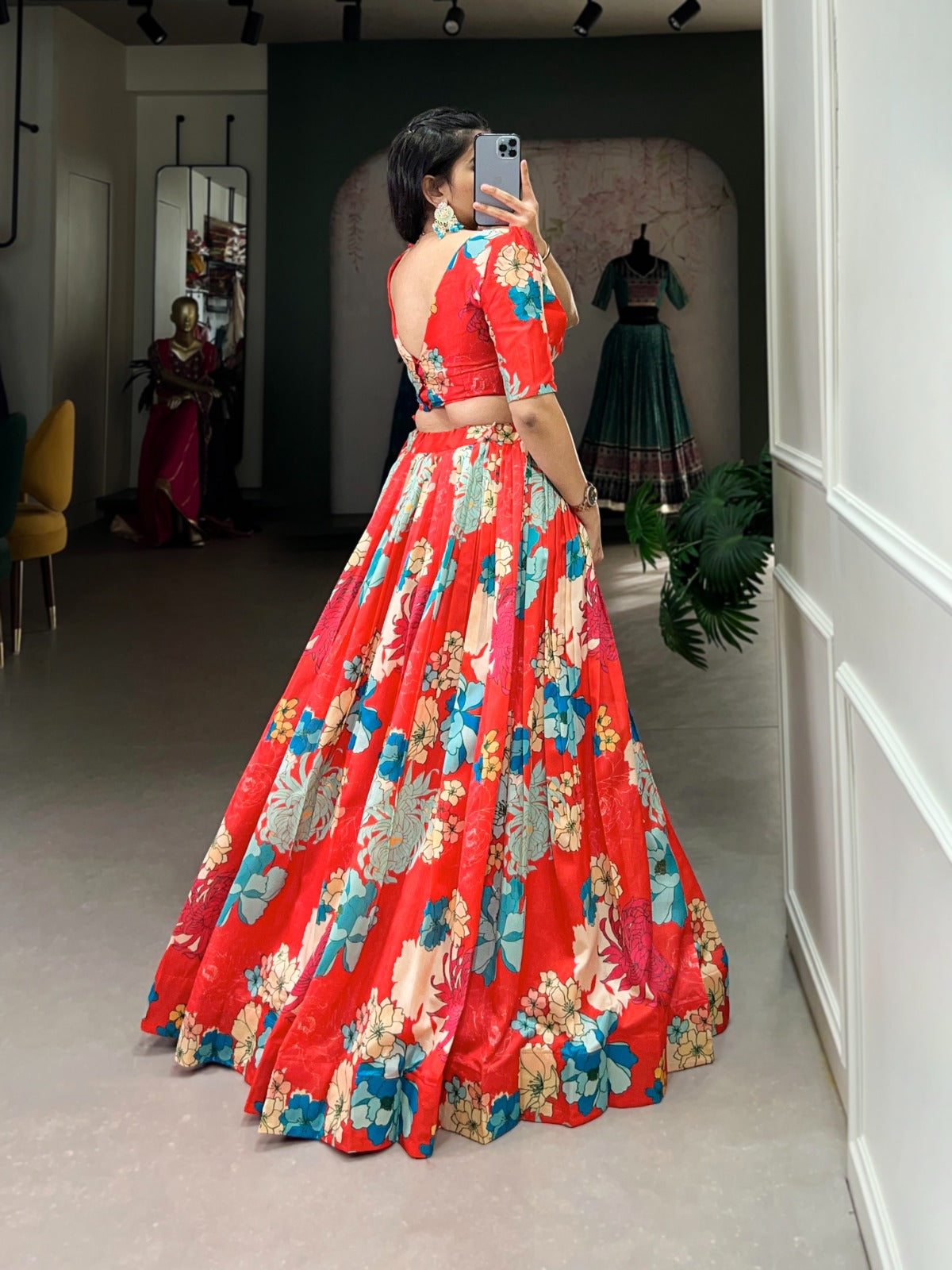 Ravishing Red Floral Printed Tussar Silk Lehenga Choli Set - INDIAN ELEGANCE