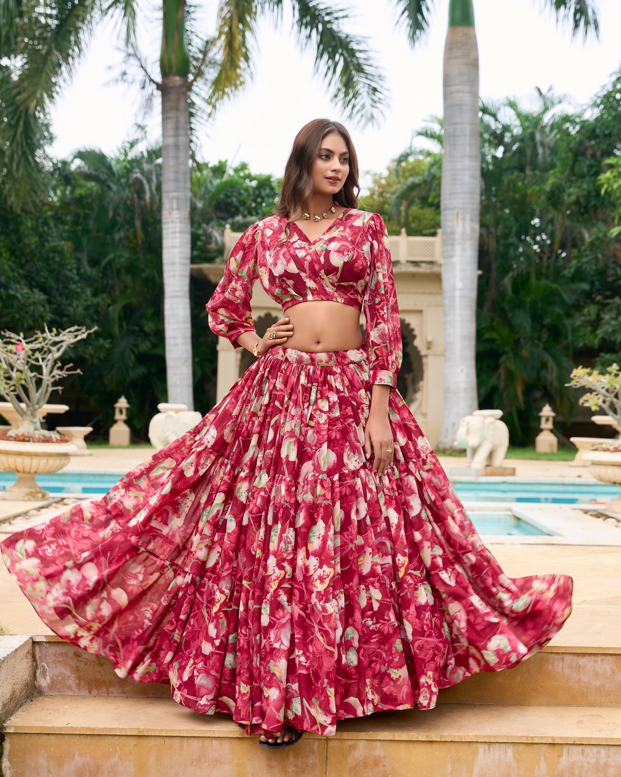 Stunning Georgette Floral Digital Printed Lehenga With Stitched Blouse - INDIAN ELEGANCE