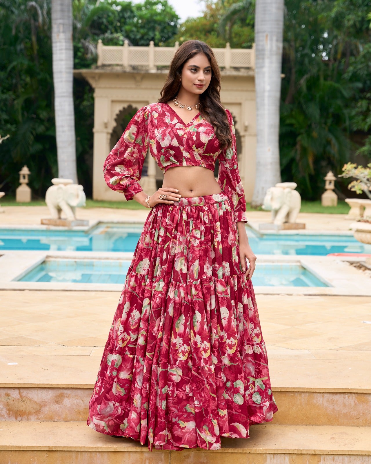 Stunning Georgette Floral Digital Printed Lehenga With Stitched Blouse - INDIAN ELEGANCE
