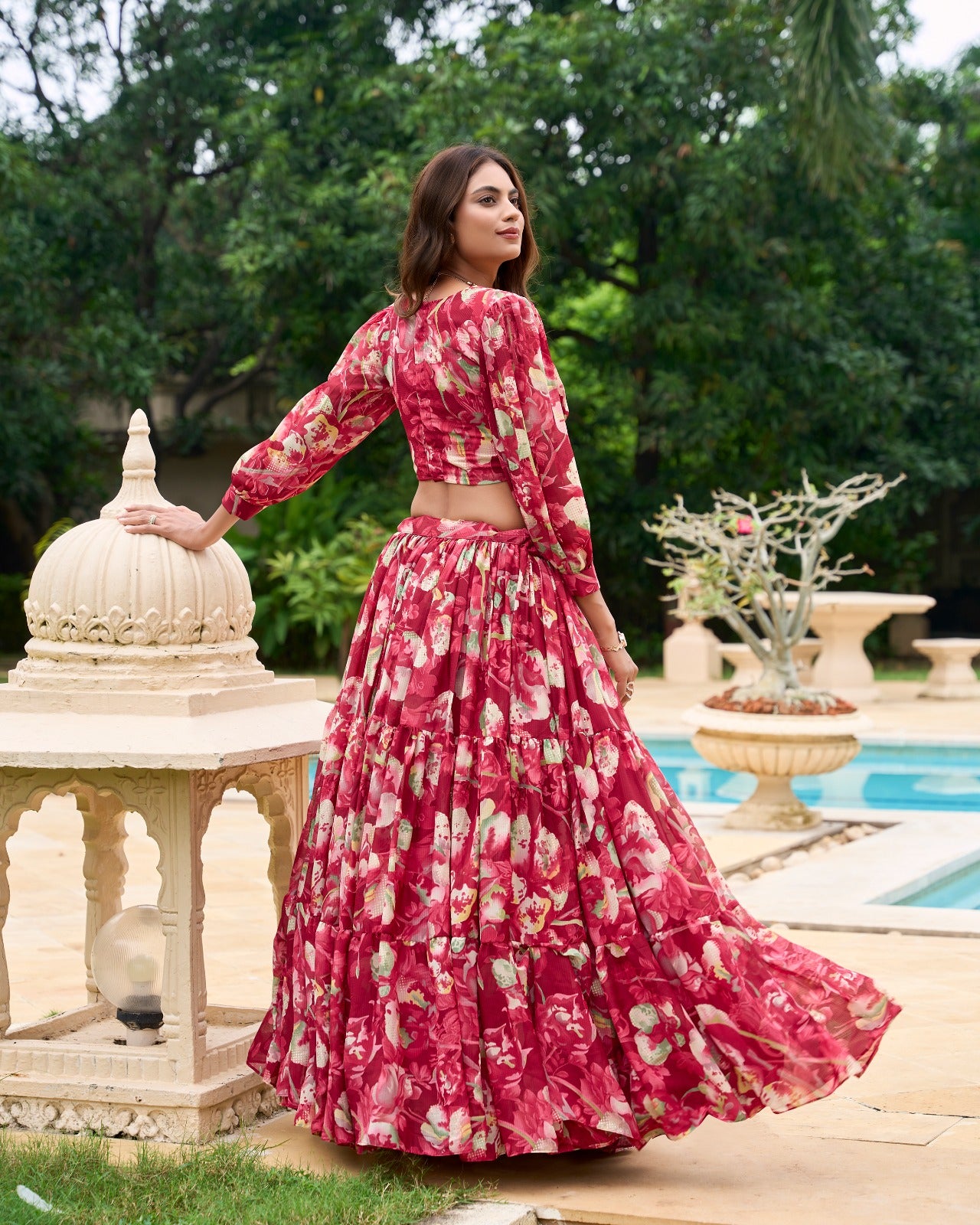 Stunning Georgette Floral Digital Printed Lehenga With Stitched Blouse - INDIAN ELEGANCE