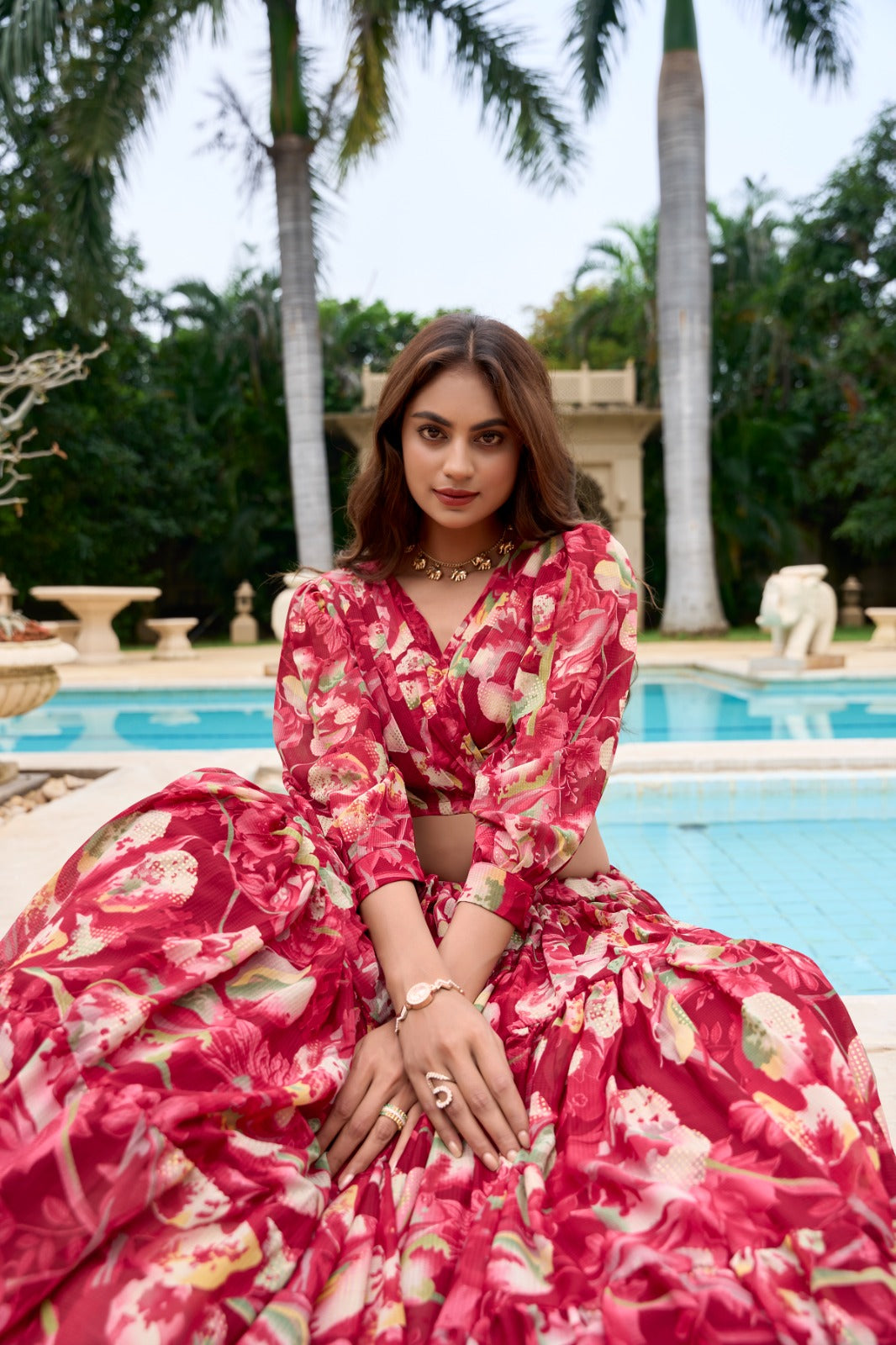 Stunning Georgette Floral Digital Printed Lehenga With Stitched Blouse - INDIAN ELEGANCE