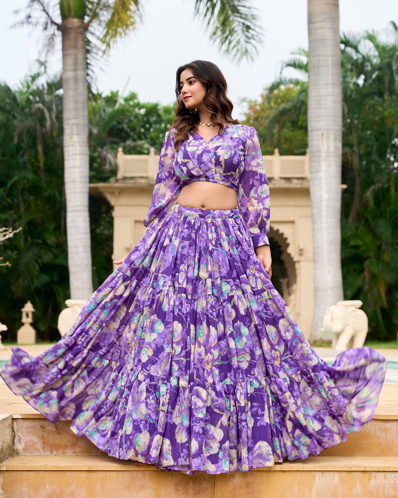 Stunning Georgette Floral Digital Printed Lehenga With Stitched Blouse - INDIAN ELEGANCE