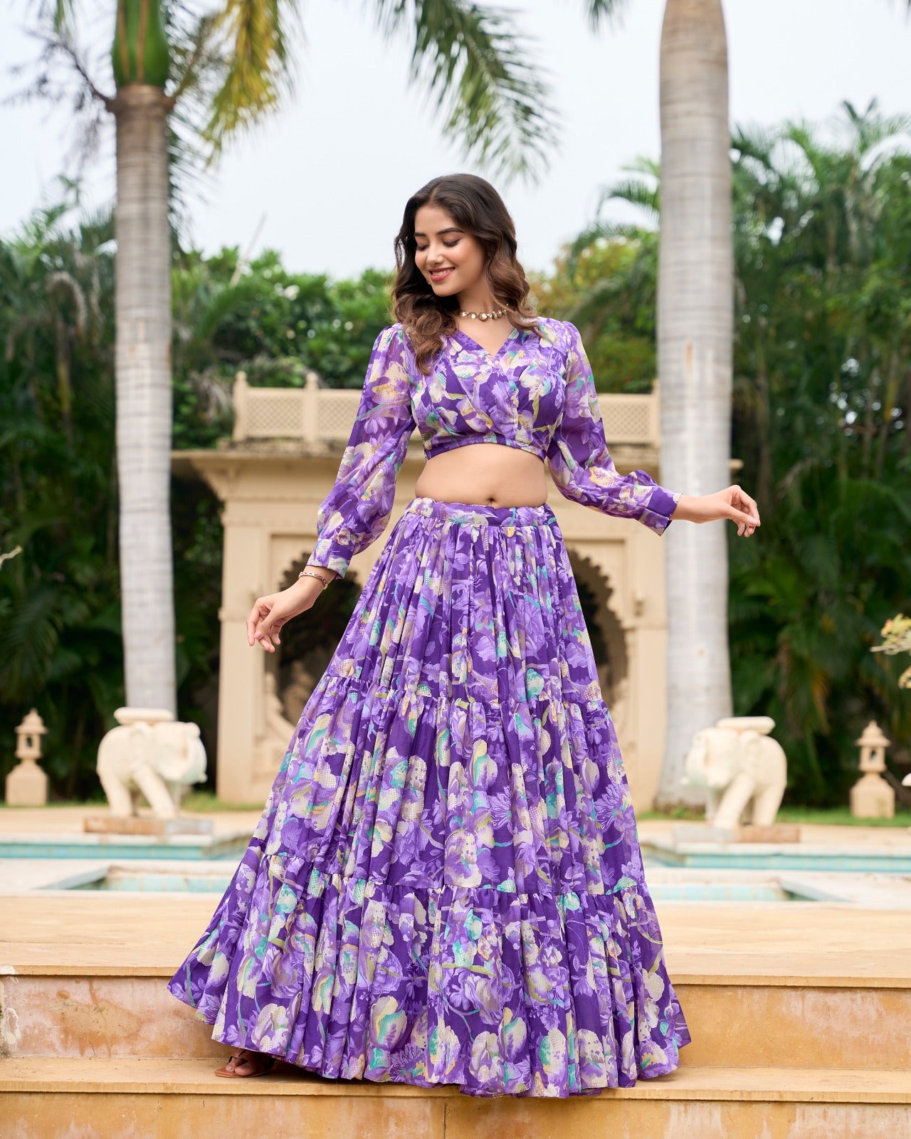 Stunning Georgette Floral Digital Printed Lehenga With Stitched Blouse - INDIAN ELEGANCE