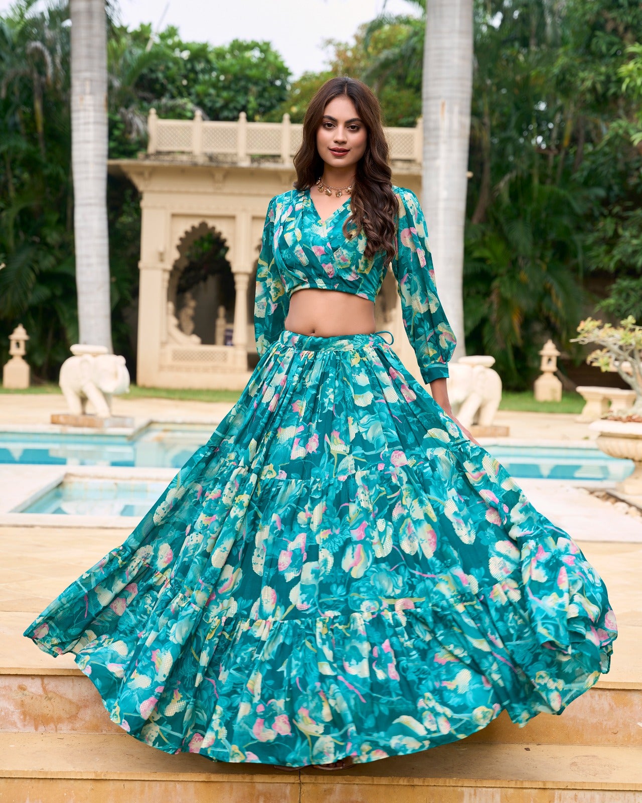 Stunning Georgette Floral Digital Printed Lehenga With Stitched Blouse - INDIAN ELEGANCE