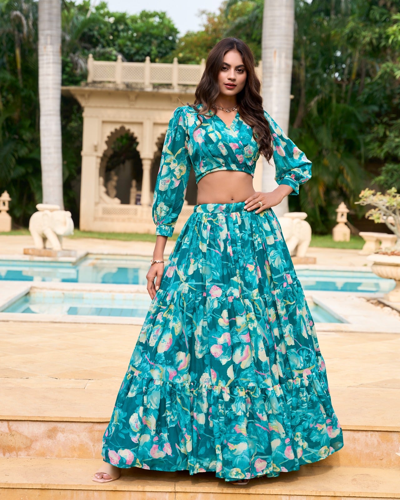 Stunning Georgette Floral Digital Printed Lehenga With Stitched Blouse - INDIAN ELEGANCE