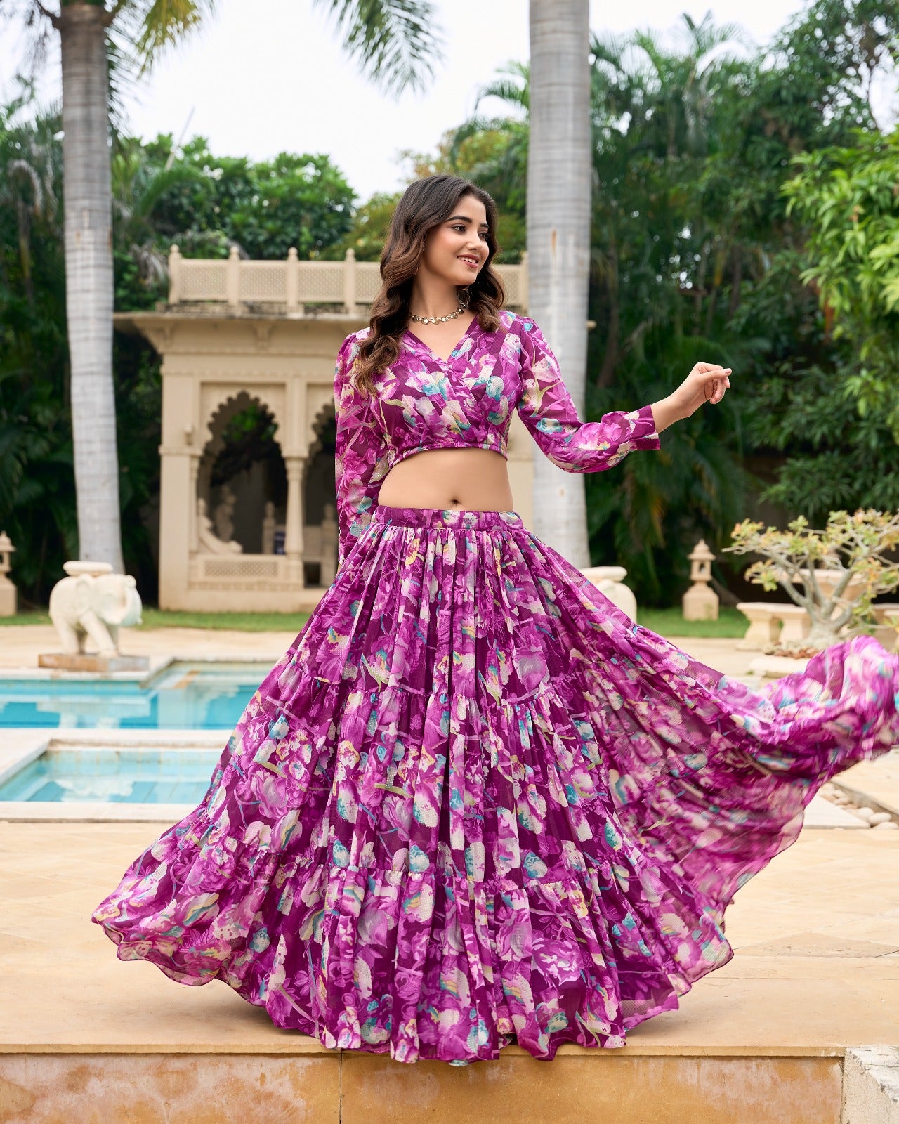Stunning Georgette Floral Digital Printed Lehenga With Stitched Blouse - INDIAN ELEGANCE