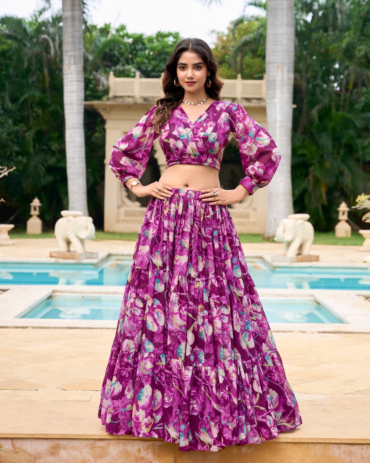 Stunning Georgette Floral Digital Printed Lehenga With Stitched Blouse - INDIAN ELEGANCE