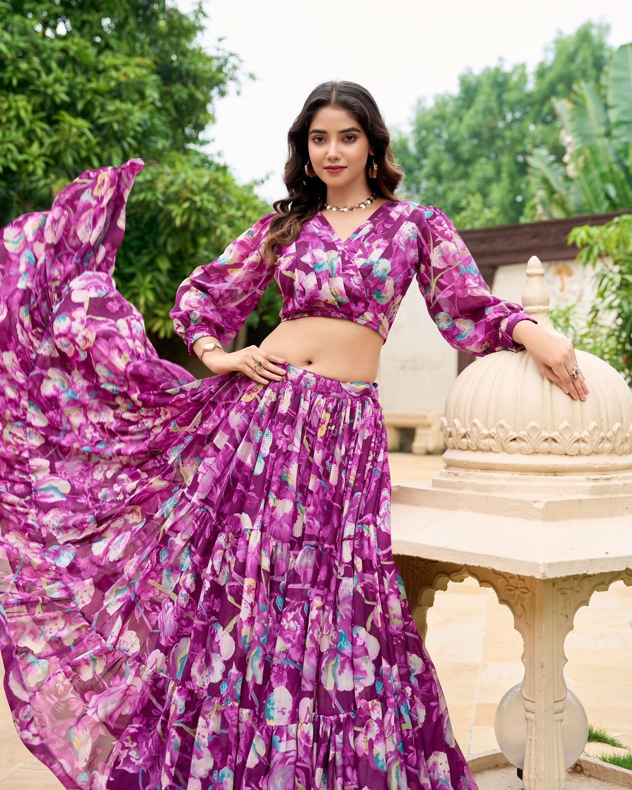 Stunning Georgette Floral Digital Printed Lehenga With Stitched Blouse - INDIAN ELEGANCE