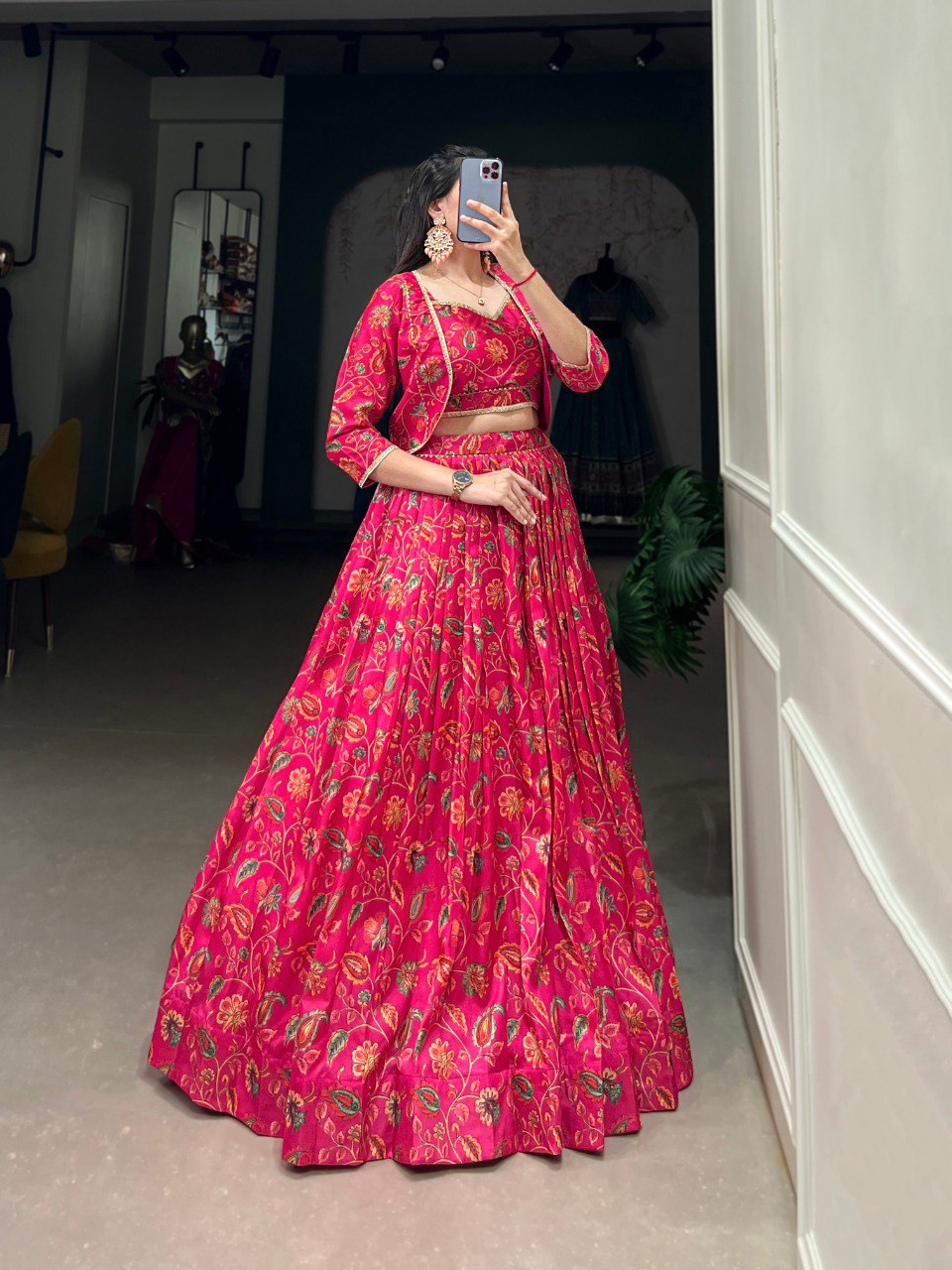 Elegant Pink Floral Printed Gotta Patti Worked Lehenga Blouse Koti Set - INDIAN ELEGANCE