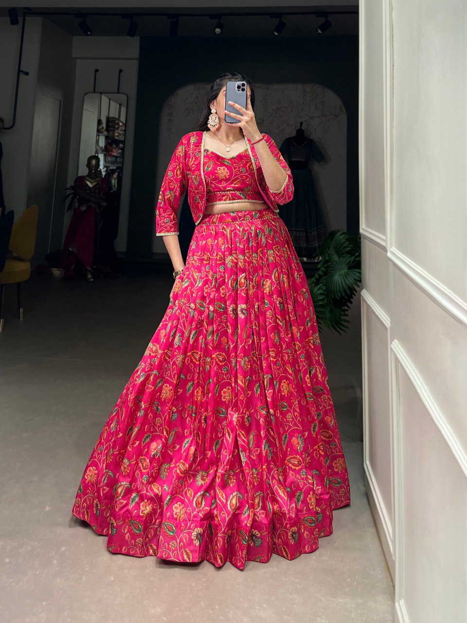 Elegant Pink Floral Printed Gotta Patti Worked Lehenga Blouse Koti Set - INDIAN ELEGANCE