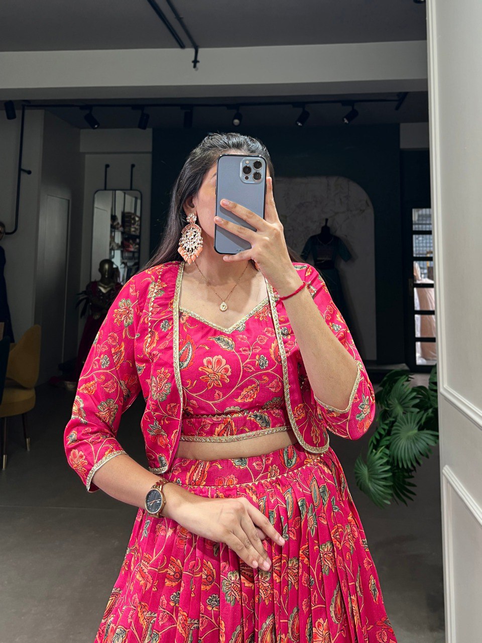 Elegant Pink Floral Printed Gotta Patti Worked Lehenga Blouse Koti Set - INDIAN ELEGANCE