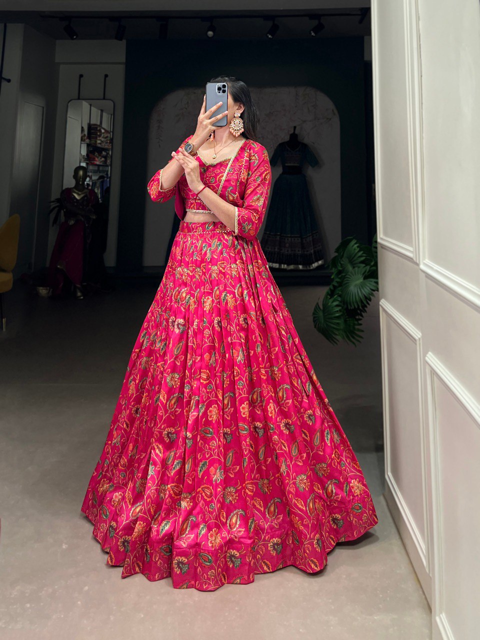 Elegant Pink Floral Printed Gotta Patti Worked Lehenga Blouse Koti Set - INDIAN ELEGANCE