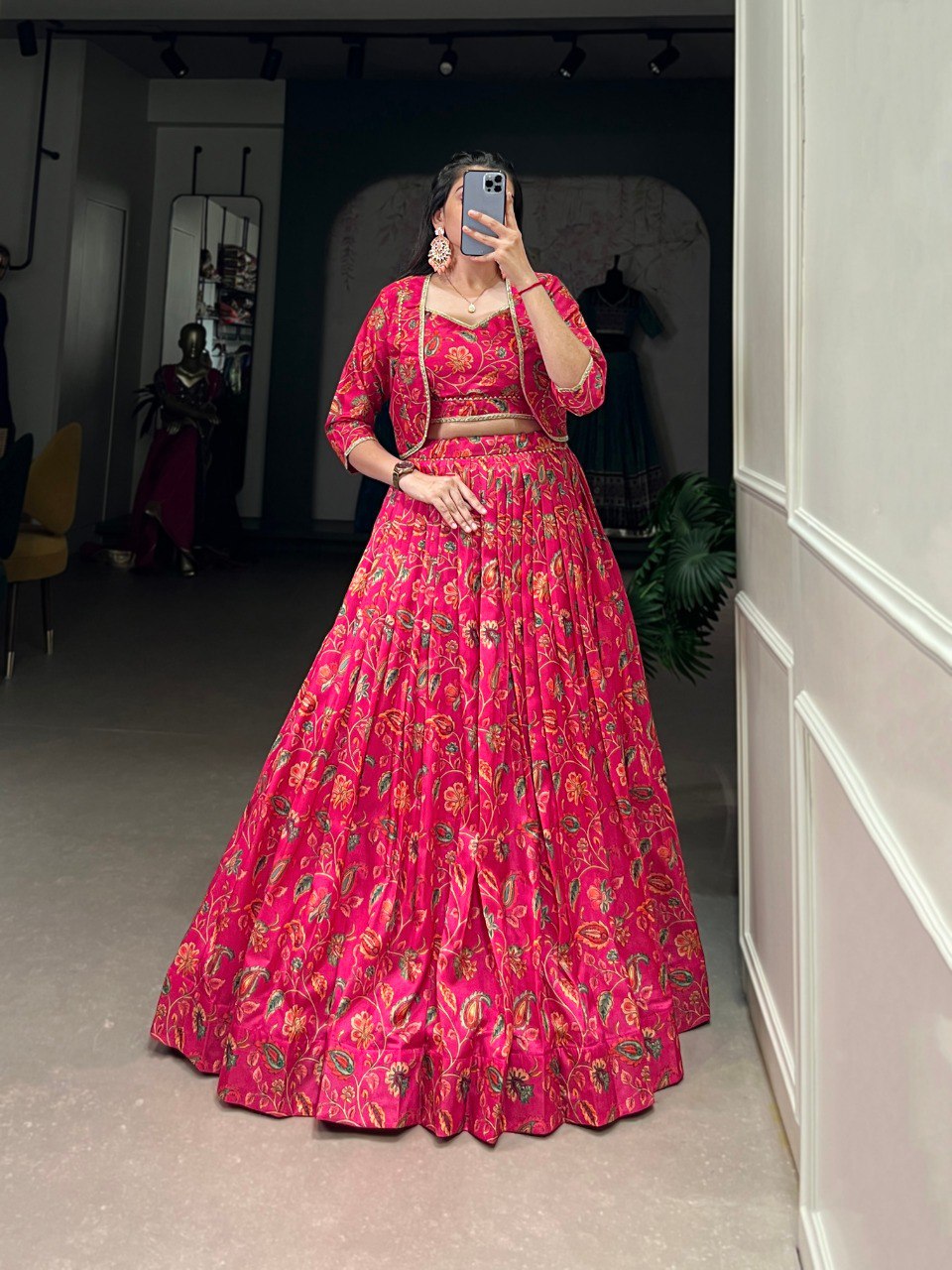 Elegant Pink Floral Printed Gotta Patti Worked Lehenga Blouse Koti Set - INDIAN ELEGANCE
