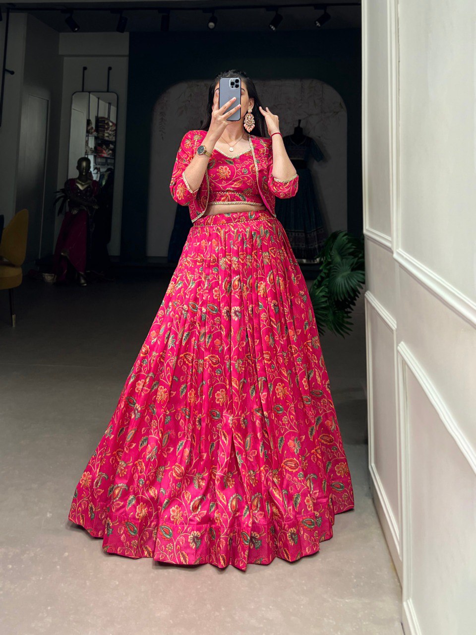 Elegant Pink Floral Printed Gotta Patti Worked Lehenga Blouse Koti Set - INDIAN ELEGANCE