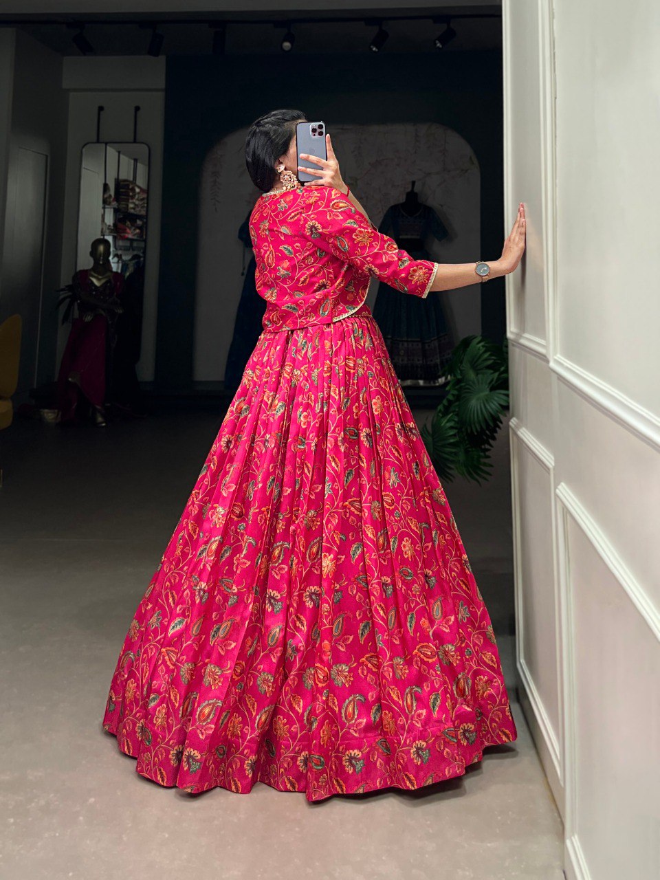 Elegant Pink Floral Printed Gotta Patti Worked Lehenga Blouse Koti Set - INDIAN ELEGANCE