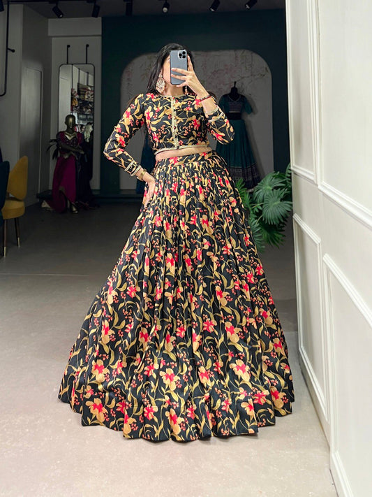 Spellbinding Tussar Silk Floral Lehenga With Stitched Blouse - INDIAN ELEGANCE