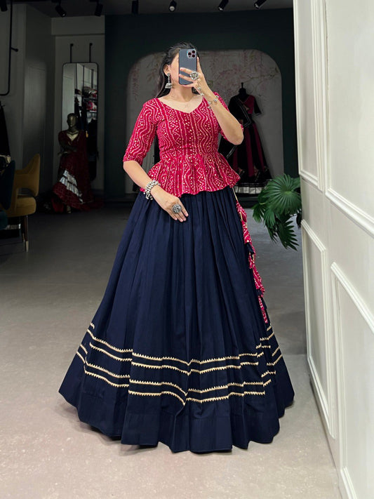 Stylish Navy Blue Pure Cotton Gota Patti Worked Lehenga Blouse Set - INDIAN ELEGANCE