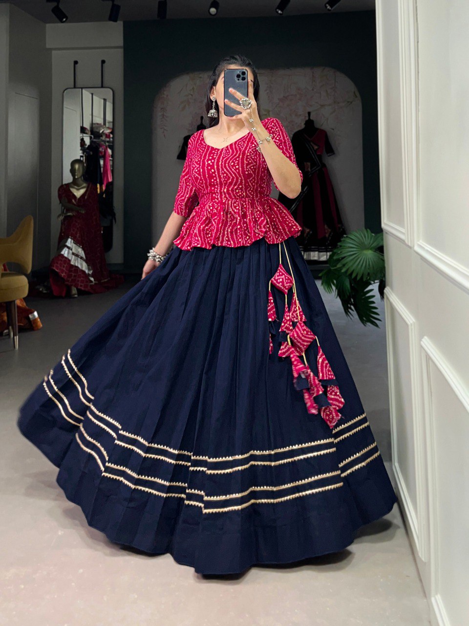 Stylish Navy Blue Pure Cotton Gota Patti Worked Lehenga Blouse Set - INDIAN ELEGANCE