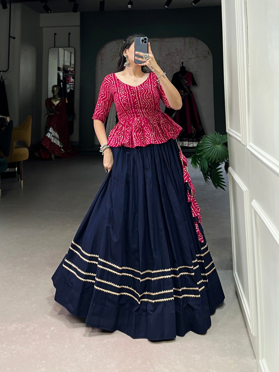 Stylish Navy Blue Pure Cotton Gota Patti Worked Lehenga Blouse Set - INDIAN ELEGANCE