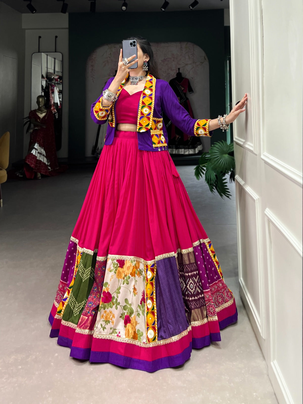 Ravishing Pure Rayon Gamthi Worked Navaratri Wear Lehenga Blouse Koti Set - INDIAN ELEGANCE