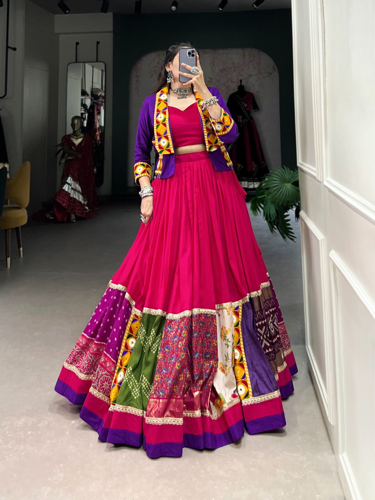 Ravishing Pure Rayon Gamthi Worked Navaratri Wear Lehenga Blouse Koti Set - INDIAN ELEGANCE