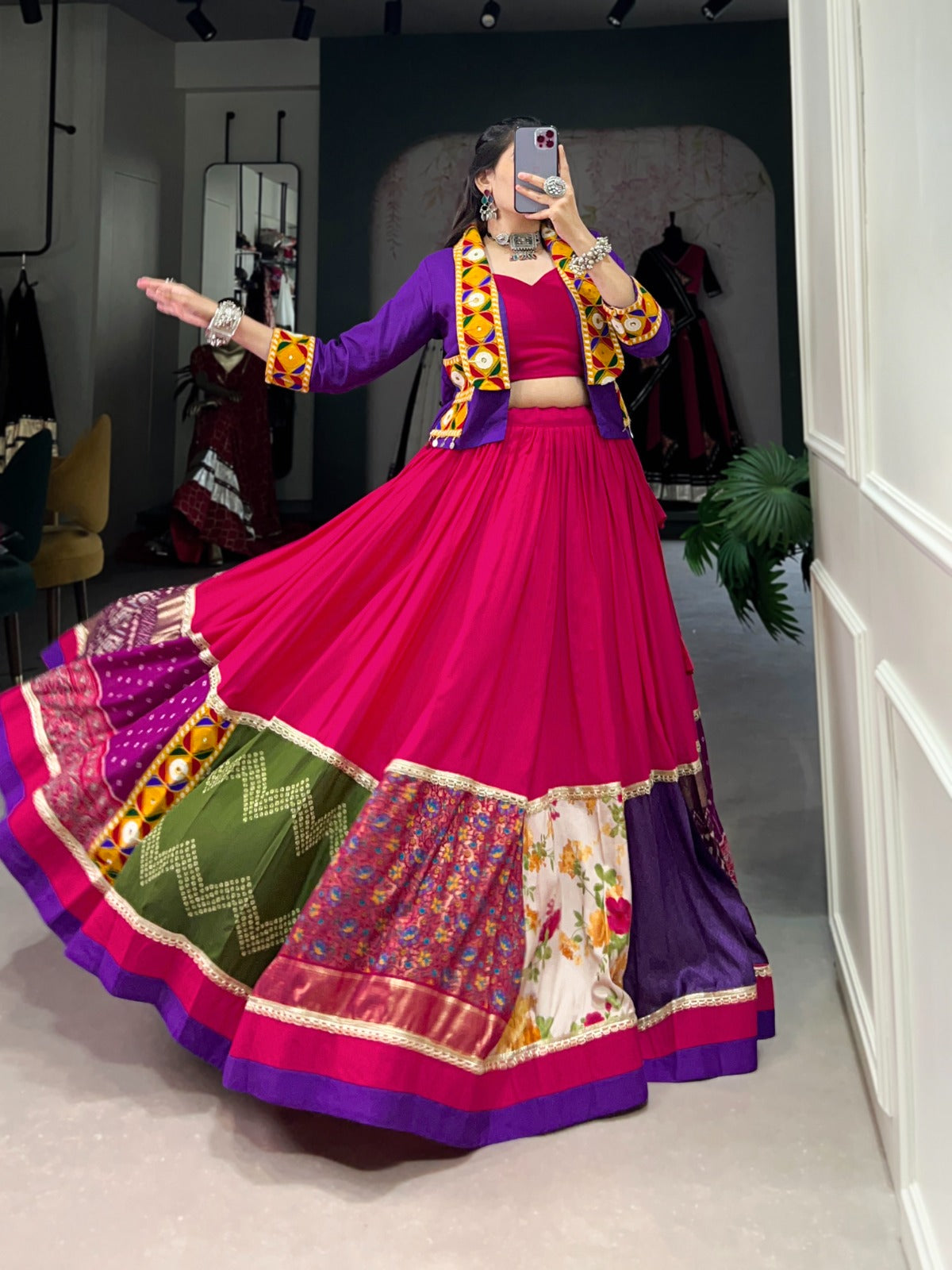 Ravishing Pure Rayon Gamthi Worked Navaratri Wear Lehenga Blouse Koti Set - INDIAN ELEGANCE