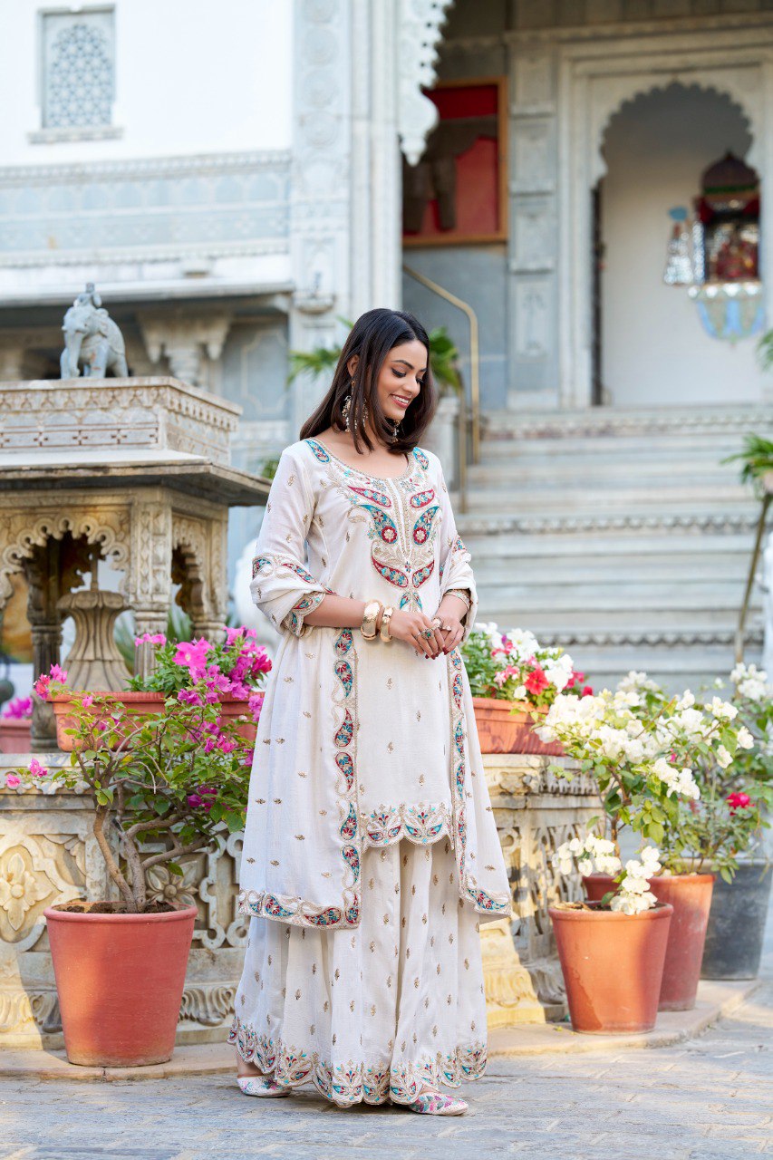 Spellbinding White Vichitra Silk Sequins Thread Worked Top Sharara Suit - INDIAN ELEGANCE