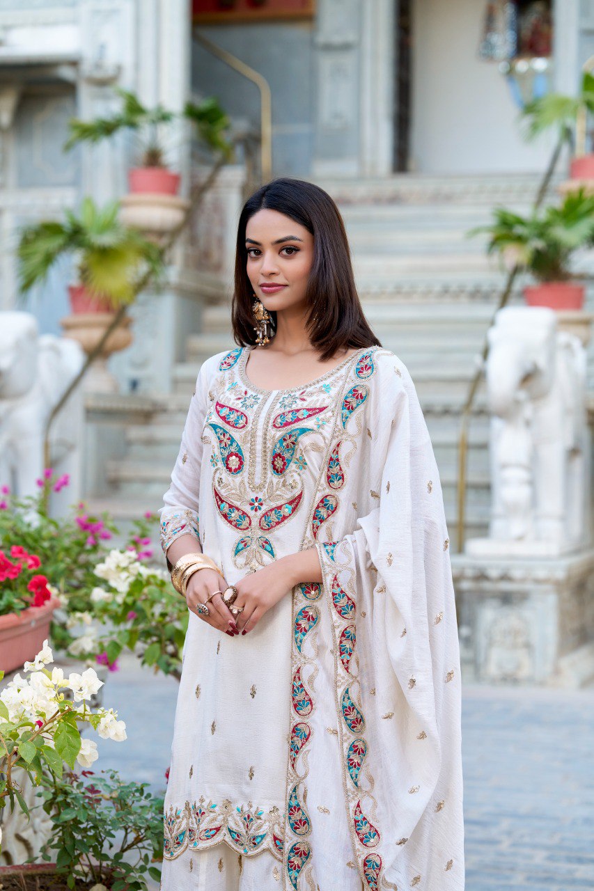 Spellbinding White Vichitra Silk Sequins Thread Worked Top Sharara Suit - INDIAN ELEGANCE